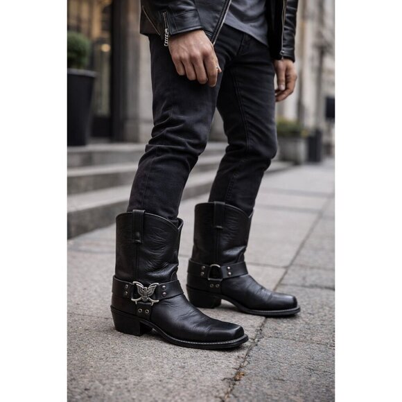 Texas USA Made Black Leather Western Harness Boots Eagle Detail Men’s 9 main image 9